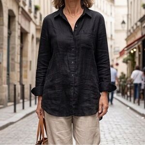 H&M Black Premium Collection Linen Button Up Shirt Size Large Long Sleeve